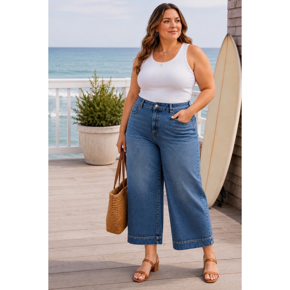 NWT Wide Leg Jeans High Rise Cropped Coastal Minimalist Blue Denim Jeans Sz 20P